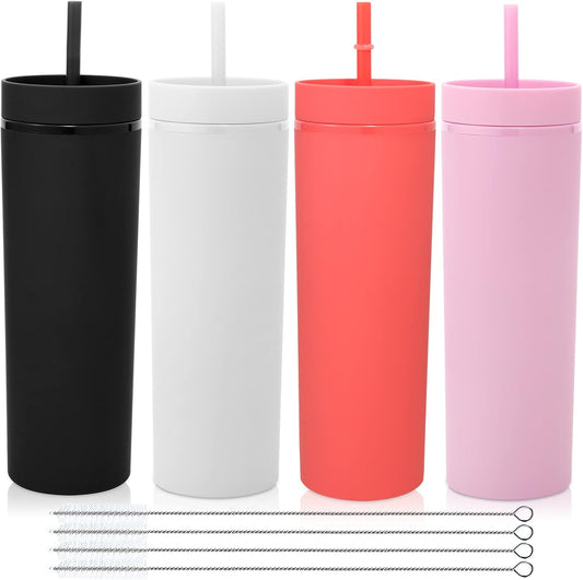 Volhoply 20oz Plastic Skinny Tumbler,Double Wall Tumblers with Lid and Straw,Reusable Travel Iced Coffee Mug,BPA Free Matte Acrylic Water Cups With Straw for Parties,DIY Gifts(Black,1 Set