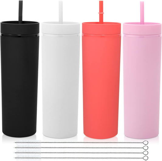 Volhoply 20oz Plastic Skinny Tumbler,Double Wall Tumblers with Lid and Straw,Reusable Travel Iced Coffee Mug,BPA Free Matte Acrylic Water Cups With Straw for Parties,DIY Gifts(Clear,1 Set)