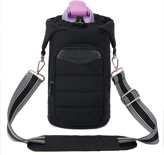 sportsnew Water Bottle Holder, Crossbody Insulated Cup Sleeve for 30oz/40oz Tumbler with Handle, Puffy Carrier Bag with Phone & RFID-Blocking Card Pocket & Drawstring Closure for Quick Access