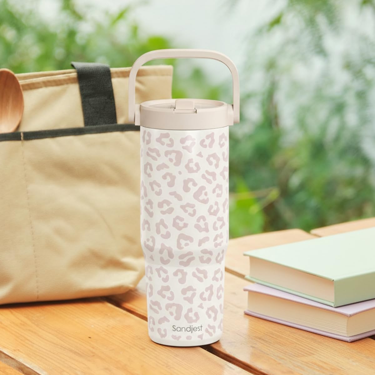SANDJEST Leopard Skin Stainless Steel Straw Lid Tumbler 30oz with Carry Handle for Women Girls, Insulated Travel Coffee Cup, Gift for Sports Outdoor Workout Christmas Birthday (Beige)
