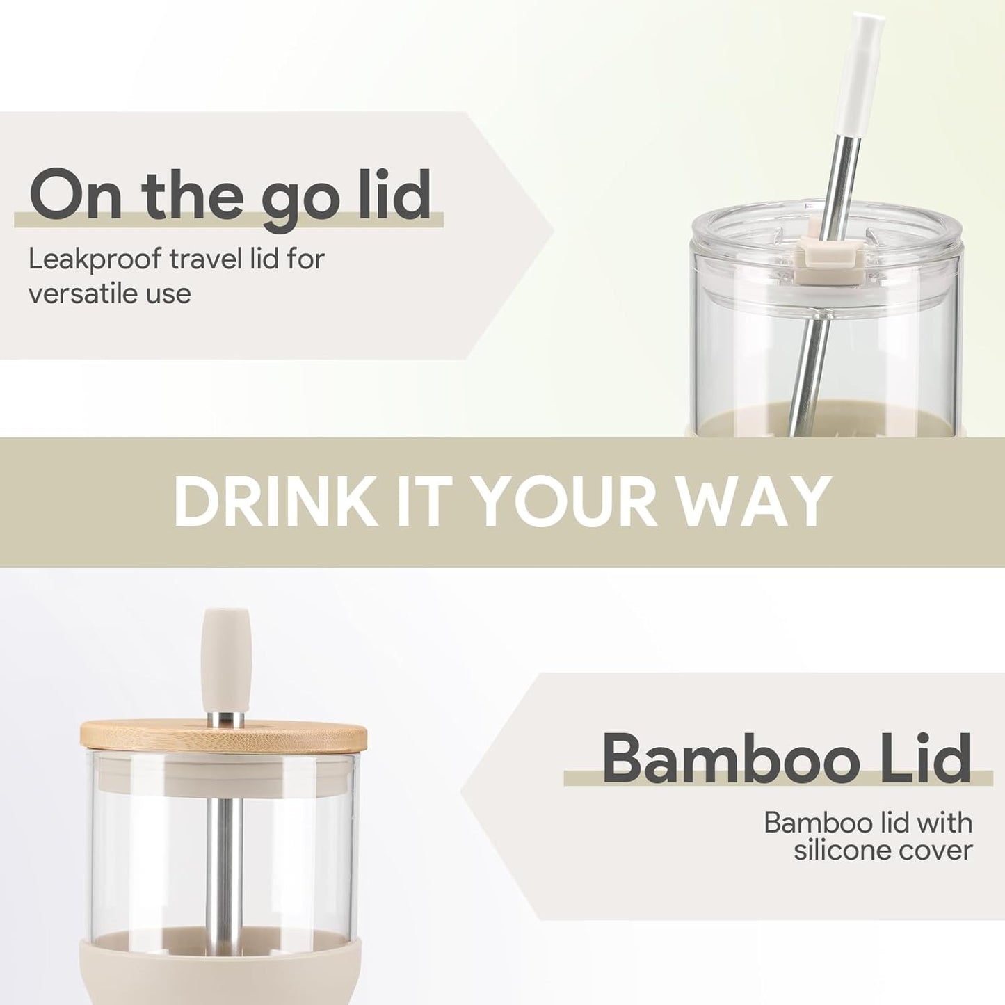 Glass Tumbler with Lids and Straws, 20 oz Iced Coffee Cup and Smoothie Cup with Bamboo Lid and On the go Lid,Glass Cups With Straws