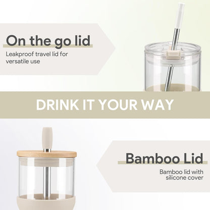 Glass Tumbler with Lids and Straws, 20 oz Iced Coffee Cup and Smoothie Cup with Bamboo Lid and On the go Lid,Glass Cups With Straws