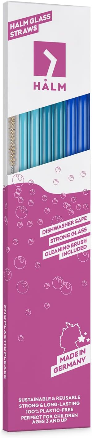 Halm Glass Straws - 6 Long 12 inch Bent Stanley Cup Replacement Drinking Straws + Plastic-Free Cleaning Brush - Perfect for Bottles & Quencher - Made in Germany - Dishwasher Safe - Eco-Friendly