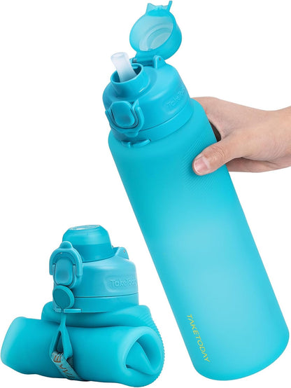 TakeToday Collapsible Water Bottles 32oz, Foldable Travel Bottle, TSA-Approved Leakproof Newly Silicone Water Bottle for Hiking, Travel, Outdoors, Black