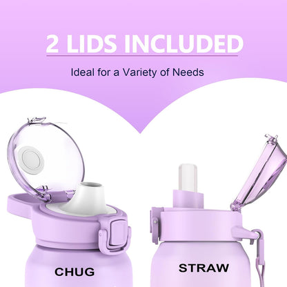 SLUXKE 24oz Insulated Water Bottle 18/10 Stainless Steel with 2Lids(Straw Lid& Spout Lids), 700ml Double Wall Vacuum Water Bottle with Handle Keep Cold and Hot for Men, Women & Kids PURPLE PINK