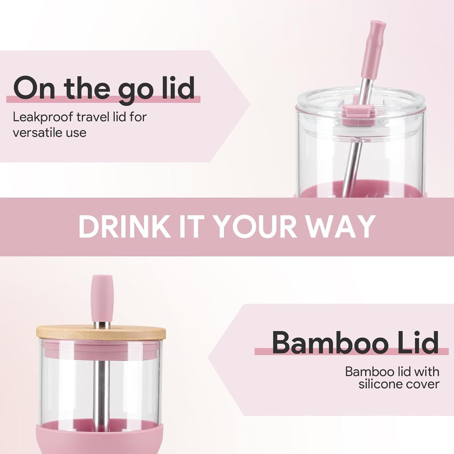 Glass Tumbler with Lids and Straws, 20 oz Iced Coffee Cup and Smoothie Cup with Bamboo Lid and On the go Lid,Glass Cups With Straws