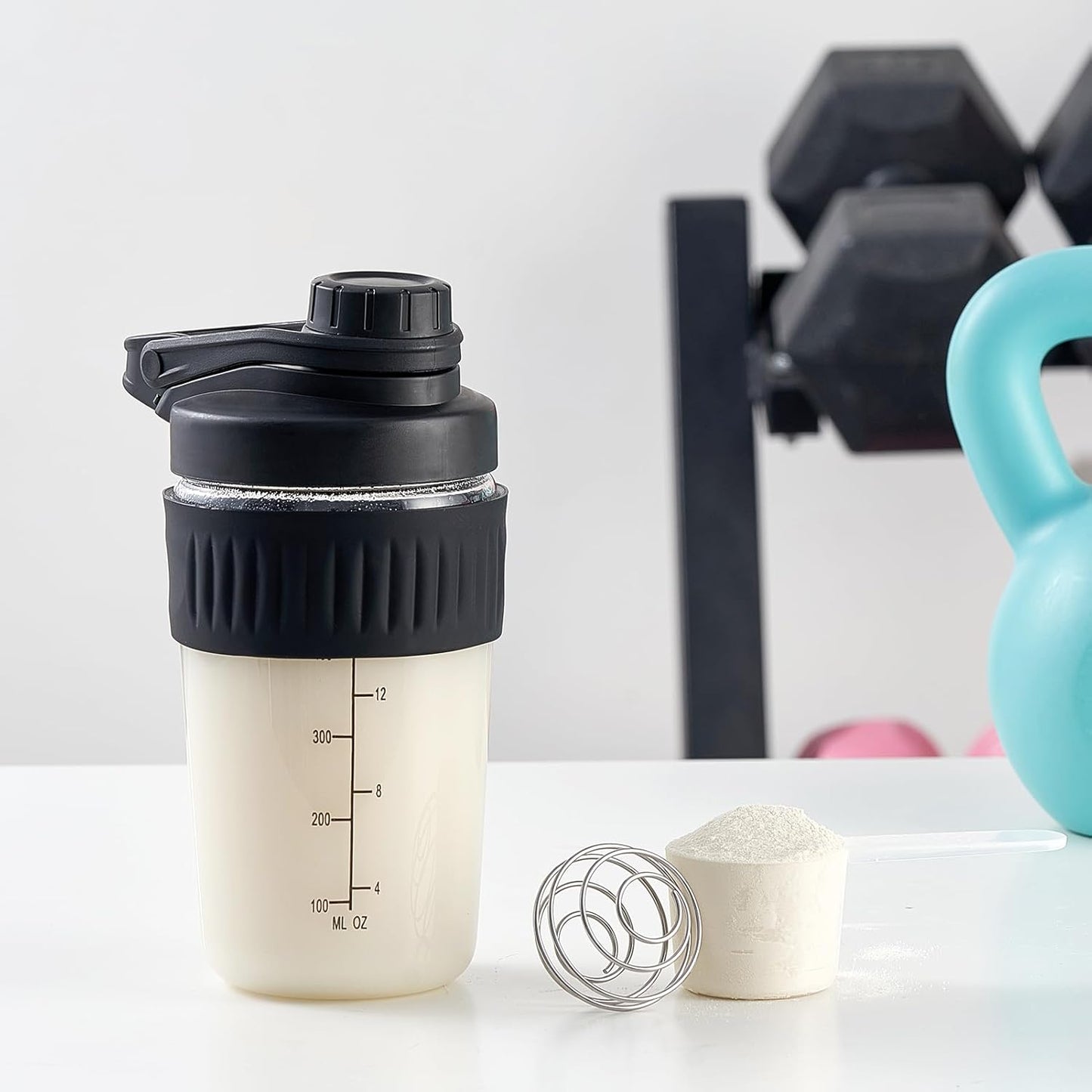 16oz Glass Shaker Bottle for Protein, Small Borosilicate Glass Protein Powder Leak-Proof Shaker Cup Mixes with 304 Blending Ball(16oz,Black)
