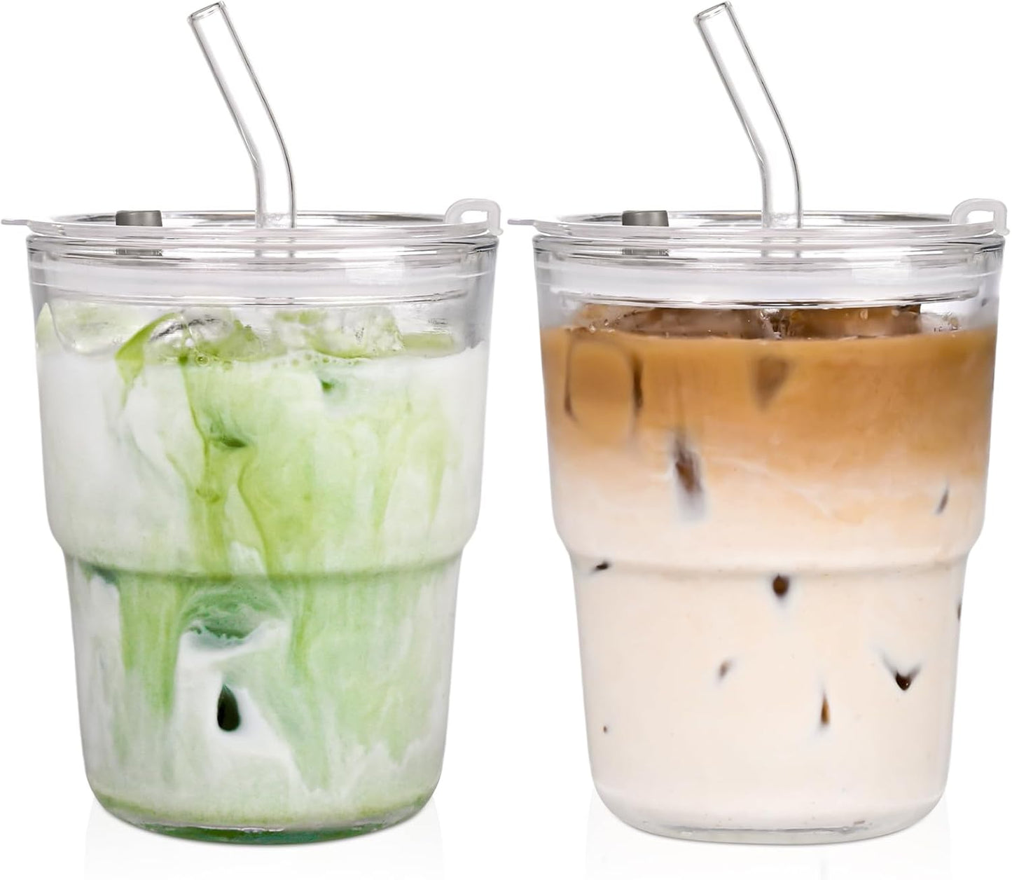 13oz Iced Coffee Cups,2Pcs Glass Cups with Lids and Straws Drinking Glasses,Clear Ribbed Glassware,Reusable Tumbler Glass to Go Cup for Matcha, Iced Tea,Juice
