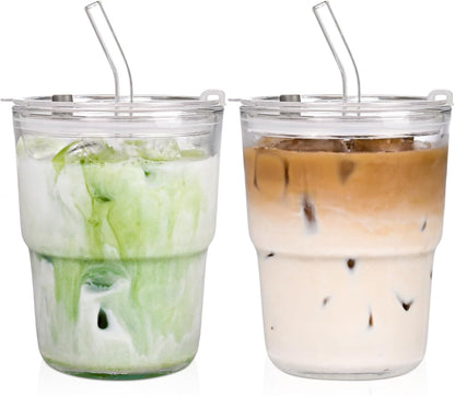 13oz Iced Coffee Cups,2Pcs Glass Cups with Lids and Straws Drinking Glasses,Clear Ribbed Glassware,Reusable Tumbler Glass to Go Cup for Matcha, Iced Tea,Juice
