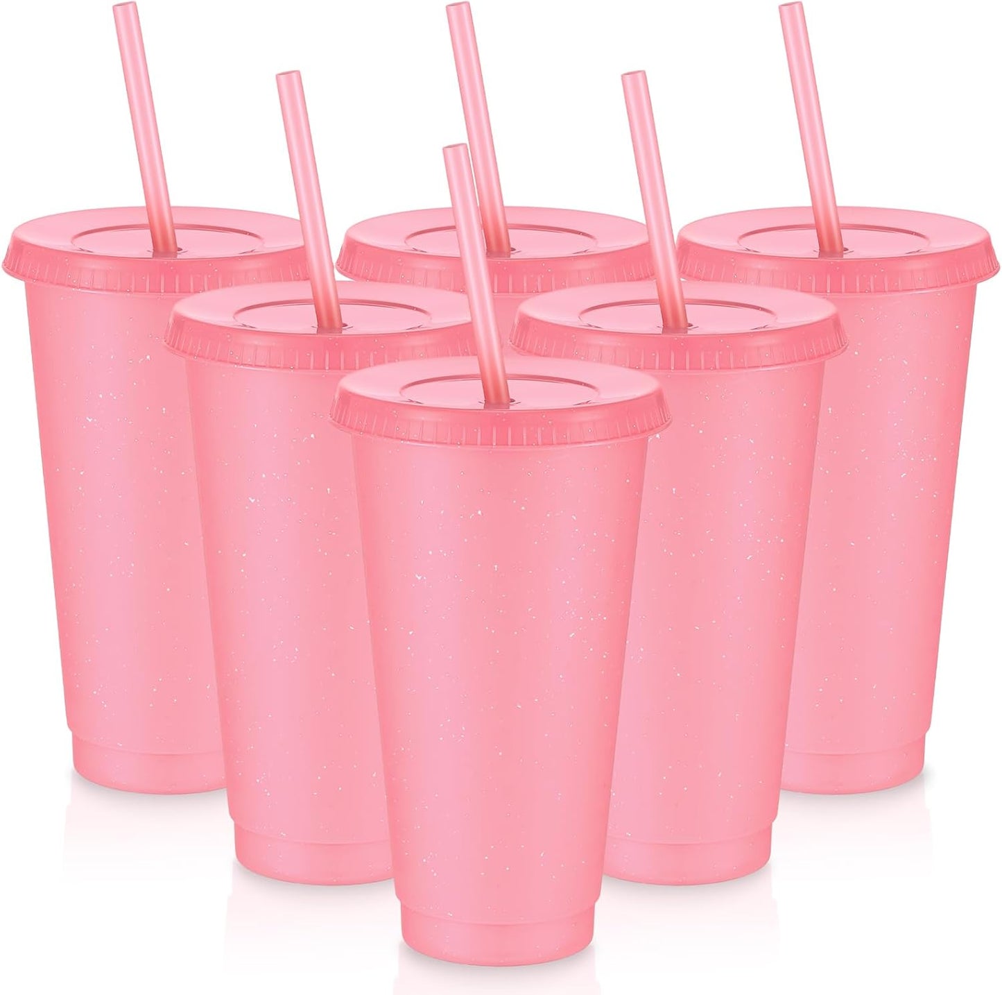 Uiifan 6 Pcs 24 oz Reusable Tumbler with Lids and Straws Plastic Iced Coffee Tumbler Glitter Travel Mug Cup for Smoothie Juices Birthday Party Cold Drink Coffee Cup Bulk for Adult Kid Women (Clear)