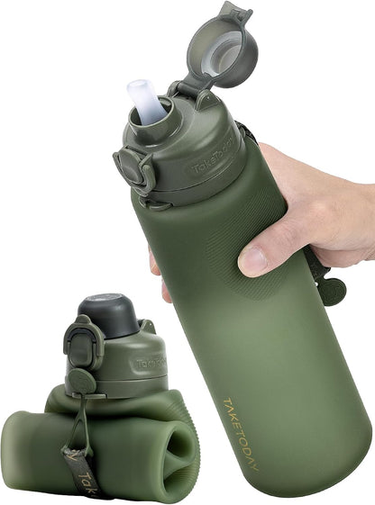 TakeToday Collapsible Water Bottles 32oz, Foldable Travel Bottle, TSA-Approved Leakproof Newly Silicone Water Bottle for Hiking, Travel, Outdoors, Black