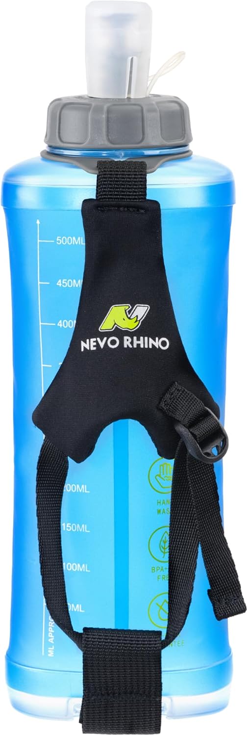 N NEVO RHINO Handheld Running Water Bottle, TPU Soft Flask with Adjustable Strap, Lightweight Collapsible Water Bottle for Jogging Hiking Walking Marathon