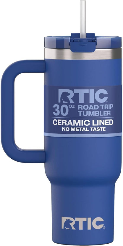 RTIC 30 oz Road Trip Tumbler Double-Walled Ceramic Lined InsulatedStainless Steel Portable Travel Coffee Mug Cup with Lid, Handle and Straw, Periwinkle Bouquet