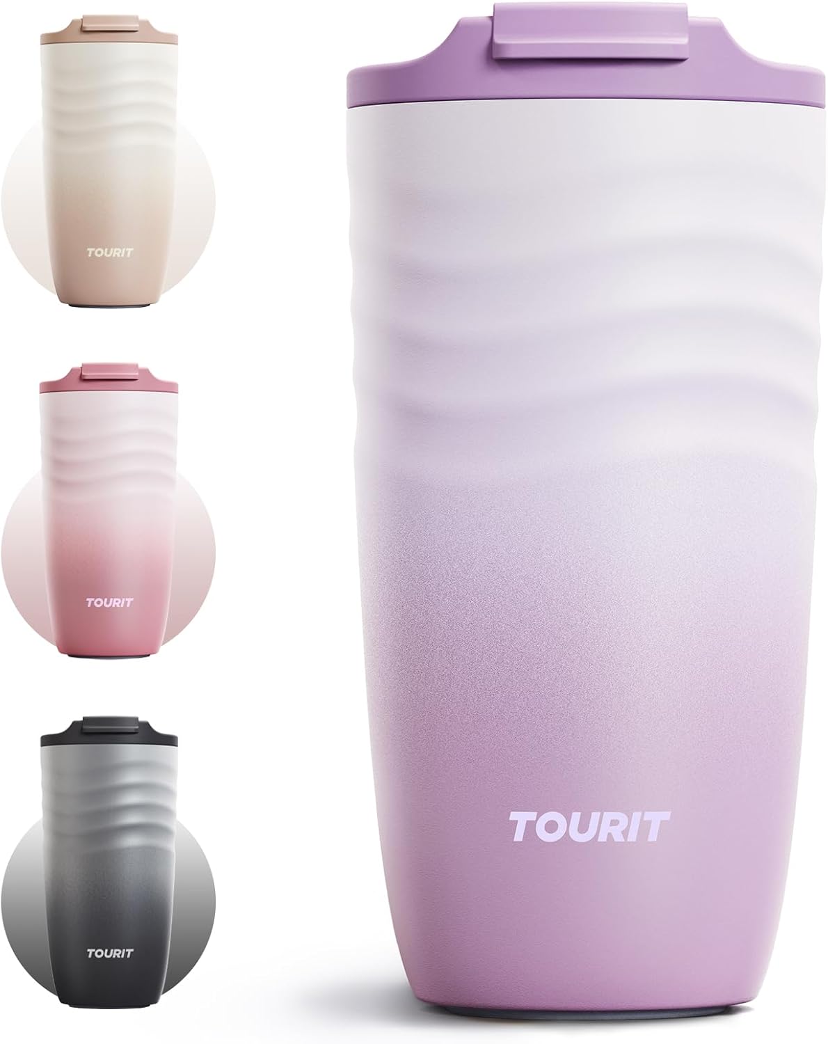TOURIT 16 oz Travel Coffee Mug, Vacuum Insulated Stainless Steel Tumbler with Ripple-Wave Anti-Slip Grip, Built-in Silicone Bottom for Quiet & Stable, Leak-Proof Lid, Fits Car Cup Holder, Khaki