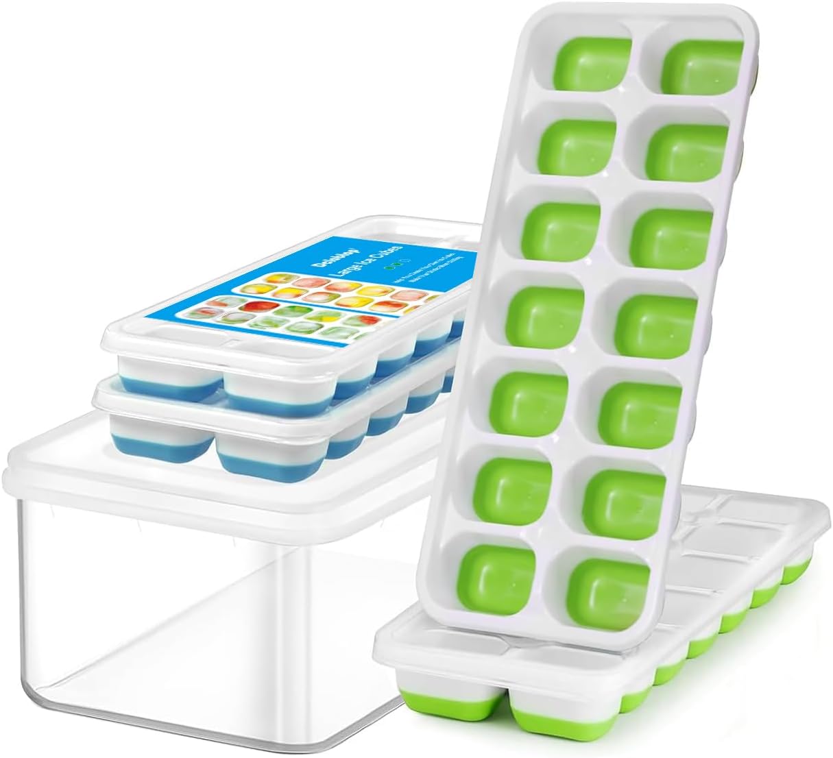 3 Pack Ice Cube Trays with Lid for Freezer, Flexible Silicone Bottom for Easy Release, Stackable Space-Saving Ice Molds, 1.2" Cubes Color-Coded (2 Green 1 Blue) for Juice, Coffee & Cocktails, BPA Free