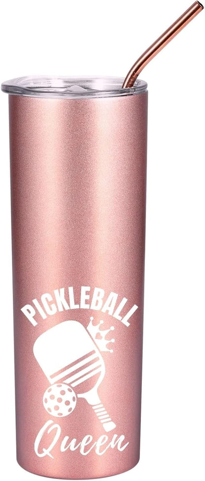 Onebttl Pickleball Gifts for Women, Pickleball Queen, 20 oz Skinny Tumbler with Lid and Straw, Rose Gold