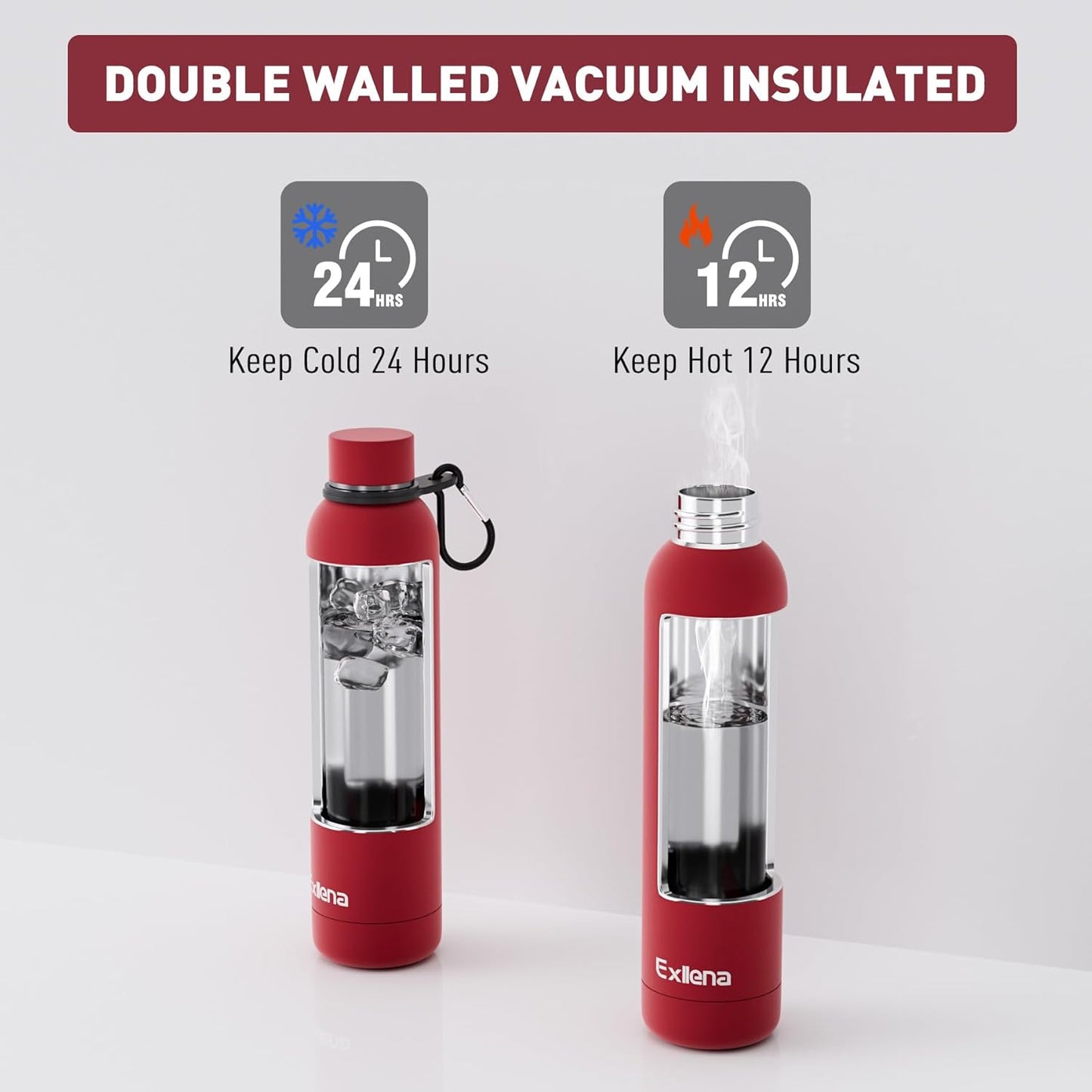 Exllena Slim Insulated Water Bottles for Travel 18oz with Clip, Double Wall Vacuum Stainless Steel Water Bottle Keeps Drinks Cold 24 Hrs/Hot 12 Hrs, 100% Leakproof, BPA Free(Black)