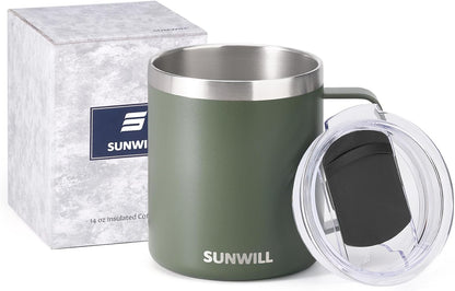 SUNWILL Travel Coffee Mug with Lid, Insulated Tumbler with Handle, 14 oz Stainless Steel Cup for Ice, Water, Tea, Rose Gold