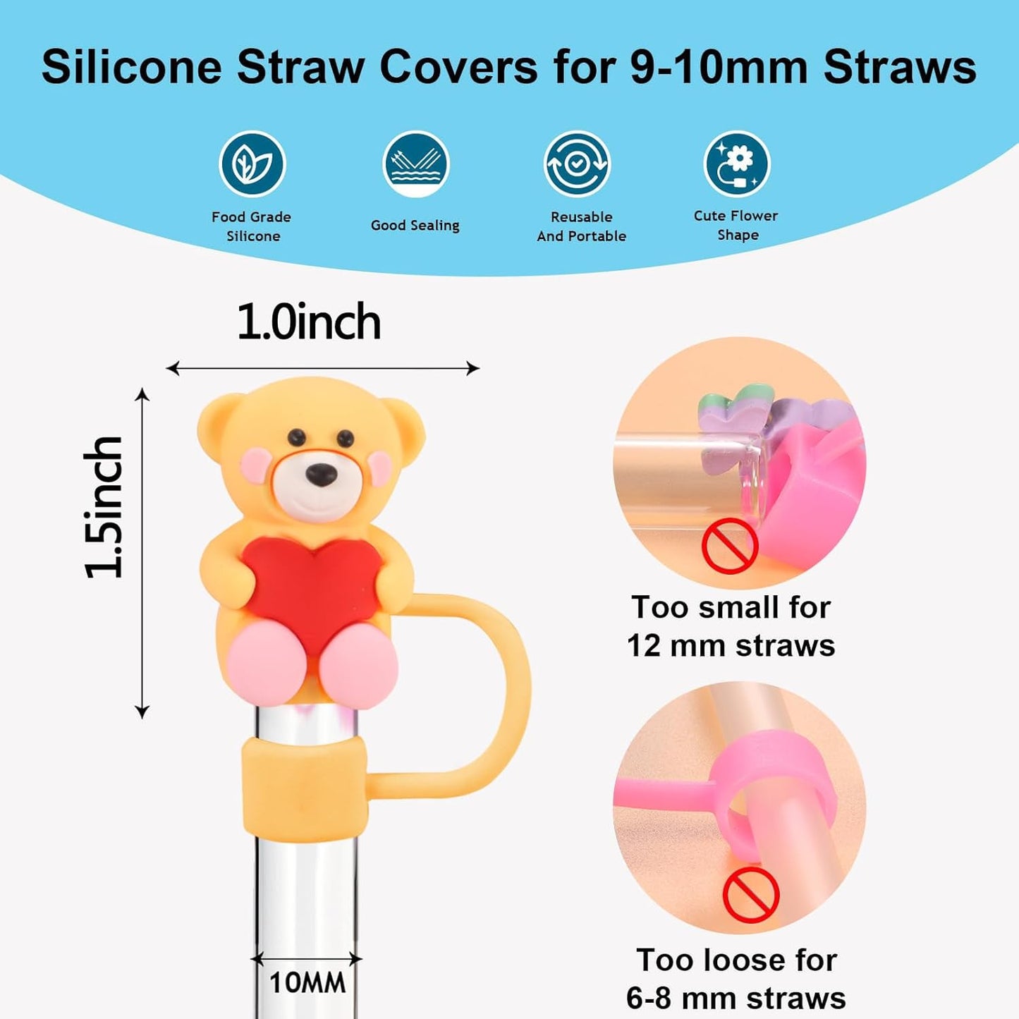 15 PCS Cute Silicone Straw Cover Cap for Stanley Cup Accessories,Simple Modern Straw Covers,10mm Straw Topper Compatible with 30&40 Oz Tumbler