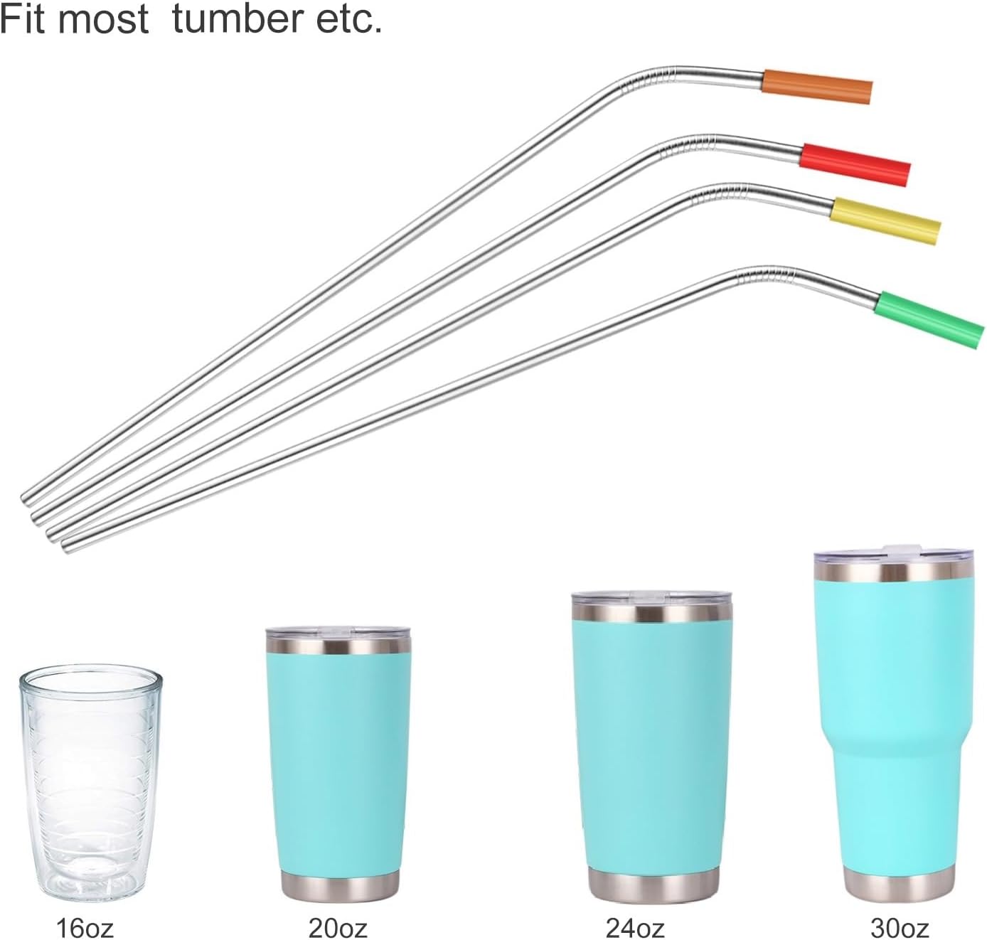 MUTNITT Set of 20 10.5" Reusable Bent Stainless Steel Straws with 20 Silicone Tips 5 Cleaning Brush 1 Travel Case Eco Friendly Extra Long Metal Straw Drinking for 20 24 30 oz Tumbler