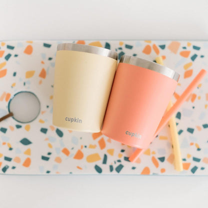 CUPKIN Stainless Steel Insulated Tumbler with Lid and Straw, 20 oz Stainless Steel Cups, Set of 2 Travel Coffee Mug for Adults, Iced Coffee Cup with Lid, Tumbler for Travel (Coral + Yellow)
