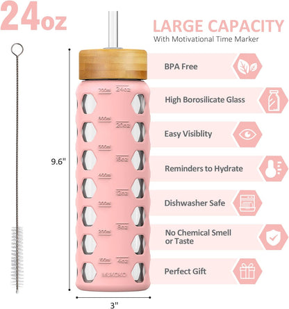 MUKOKO Glass Water Bottles, 32oz Glass Tumbler with Straw, Drinking Bottles with 2 Lids-Handle Spout Lid&Bamboo Straw Lid, Motivational Water Bottle with Time Marker and Silicone Sleeve, 1 Pack-Olive
