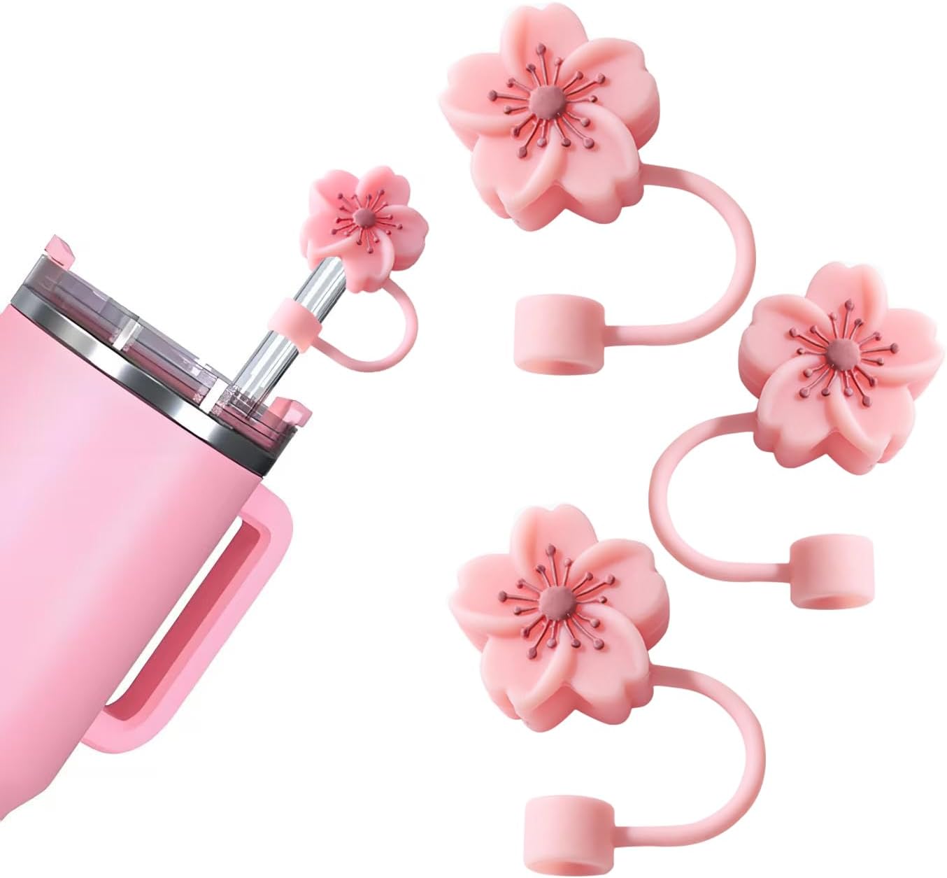 BTYHAOS Silicone Straw Caps for 10mm Tumblers | Reusable Dust-Proof Straw Toppers Compatible with Stanley 30oz & 40oz Tumblers (Purple Flower 3pc)