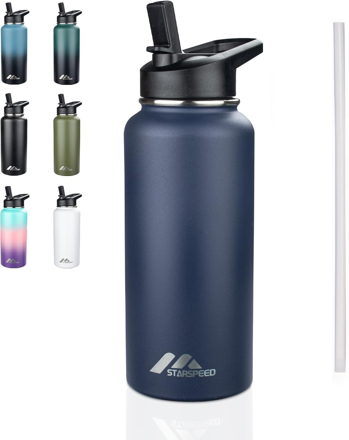 StarSpeed 32oz Insulated Water Bottle with Straw Lid, Stainless Steel Double Walled Vacuum Water Flask, Wide Mouth Sports Water Bottle for Gym Camping Hiking, Indigo Black
