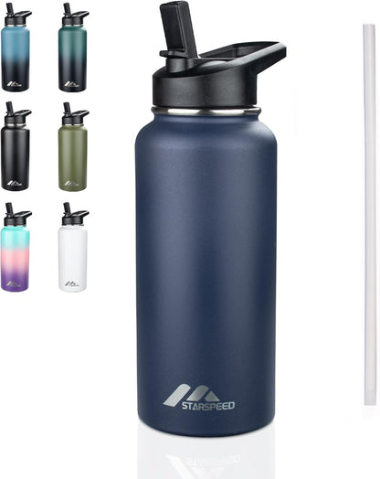 StarSpeed 32oz Insulated Water Bottle with Straw Lid, Stainless Steel Double Walled Vacuum Water Flask, Wide Mouth Sports Water Bottle for Gym Camping Hiking, Indigo Black