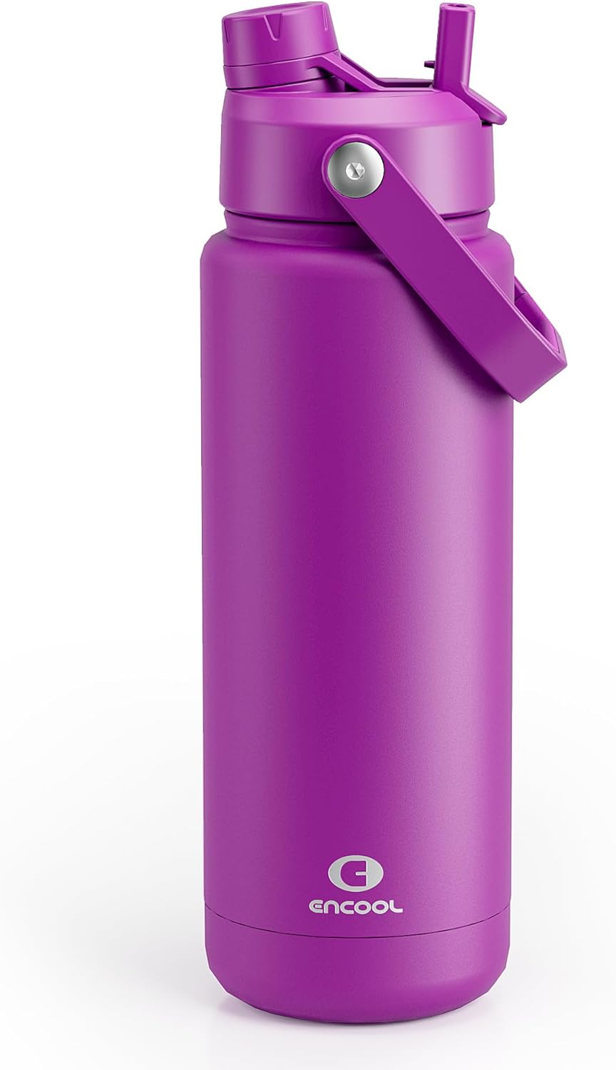 ENCOOL Insulated Water Bottle with Straw Stainless Steel Water Bottle, Leak-Proof, BPA-Free, Double Wall Vacuum Keeps Cold for 24 Hours for Sports, Travel, School (26 oz, Cotton Candy) - Colors D