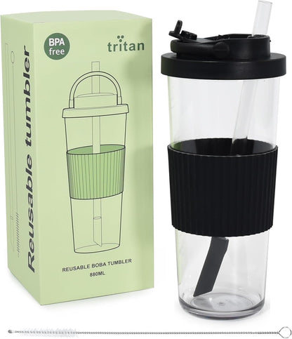 sweet grain Reusable Boba Cup - 24oz Tritan Boba tumbler with Lid and Straw, BPA Free Leakproof Bubble/Boba Tea Cup with Carry Handle for Ice Coffee Smoothies - Black