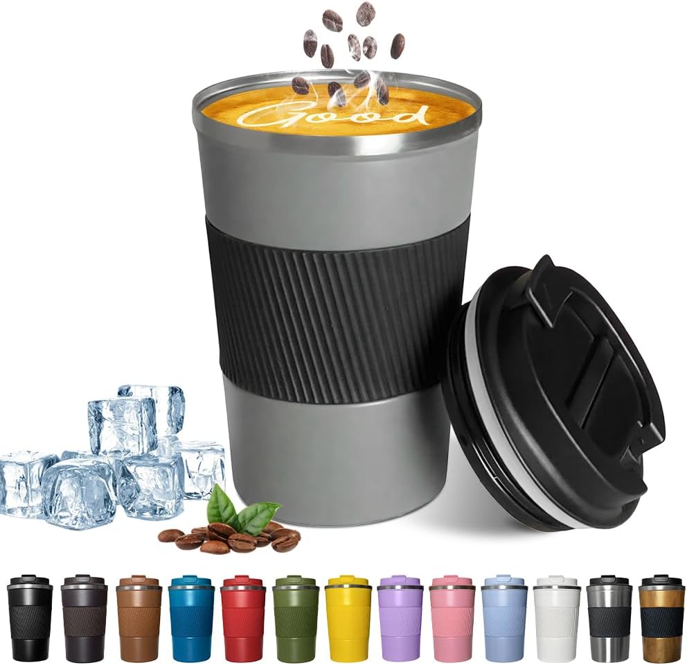 YINBAOGE Insulated Travel Coffee Mug, Spill & Leak Proof, Portable To Go Camping Stainless Steel Coffee Tumbler, Reusable Thermal Coffee Cup with Lid for Hot & Cold Drinks (Black, 12 OZ)