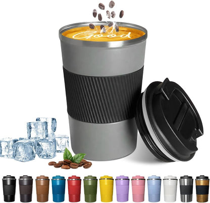 YINBAOGE Insulated Travel Coffee Mug, Spill & Leak Proof, Portable To Go Camping Stainless Steel Coffee Tumbler, Reusable Thermal Coffee Cup with Lid for Hot & Cold Drinks (Black, 12 OZ)