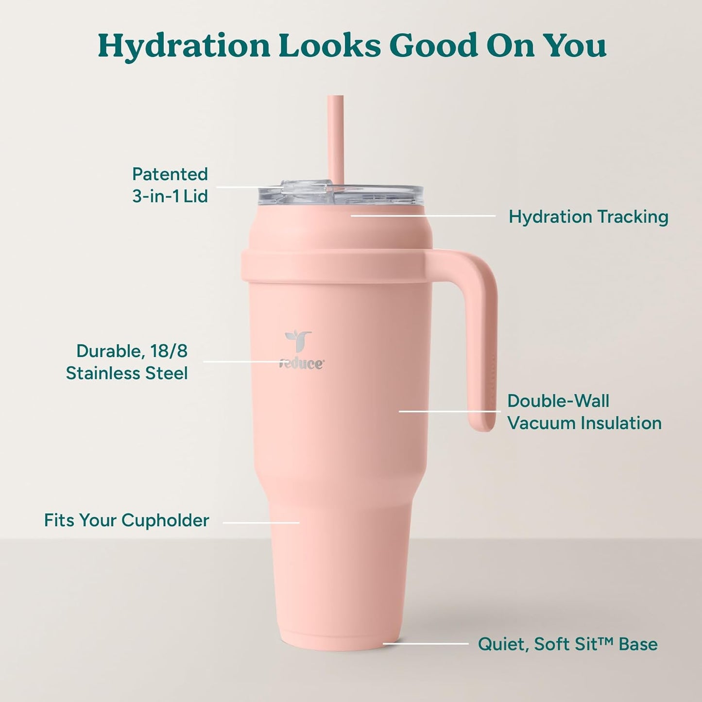 REDUCE 24 oz Stainless Steel Tumbler with Handle - Dual-Wall Vacuum Insulated Travel Mug, Sweat-Proof Lid & Reusable Straw - Keeps Drinks Cold for 24 Hrs, Fits Cupholders, Dishwasher Safe - Lilac Bud