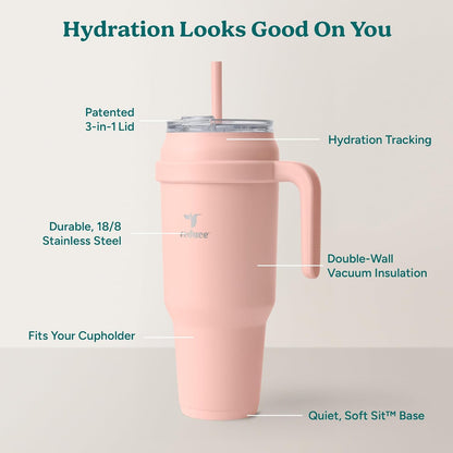 REDUCE 24 oz Stainless Steel Tumbler with Handle - Dual-Wall Vacuum Insulated Travel Mug, Sweat-Proof Lid & Reusable Straw - Keeps Drinks Cold for 24 Hrs, Fits Cupholders, Dishwasher Safe - Lilac Bud