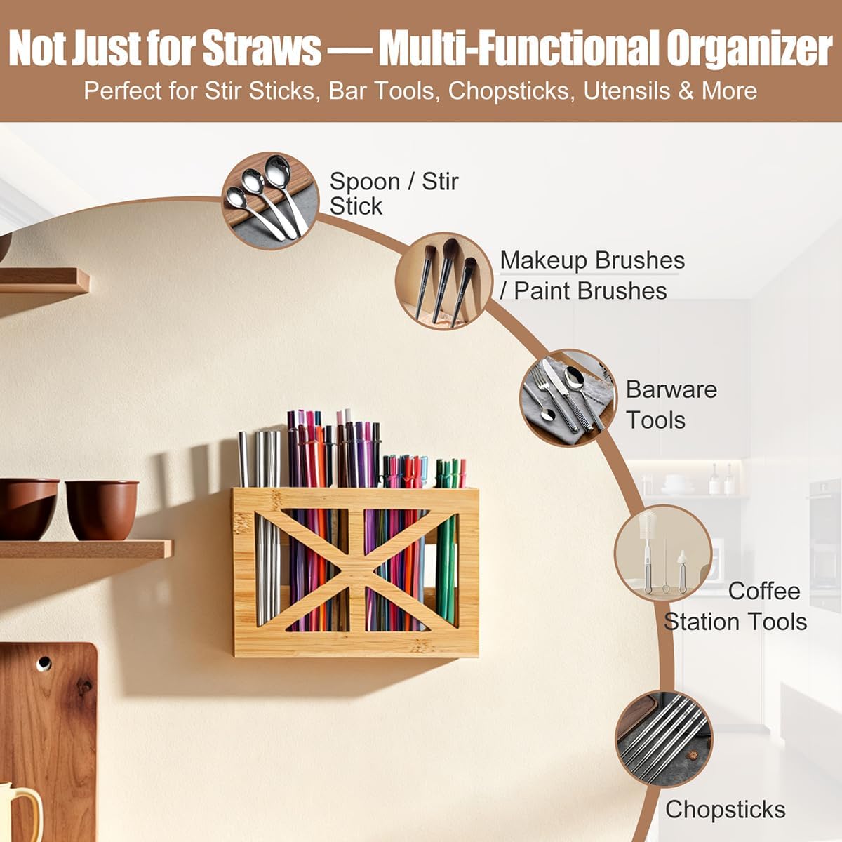 PEKER Straw Organizer for Cabinet Door, Peel and Stick Straw Holder with 5 Sections, Fast-Drying Ventilated Storage Rack for Reusable, Smoothie and Boba Straws