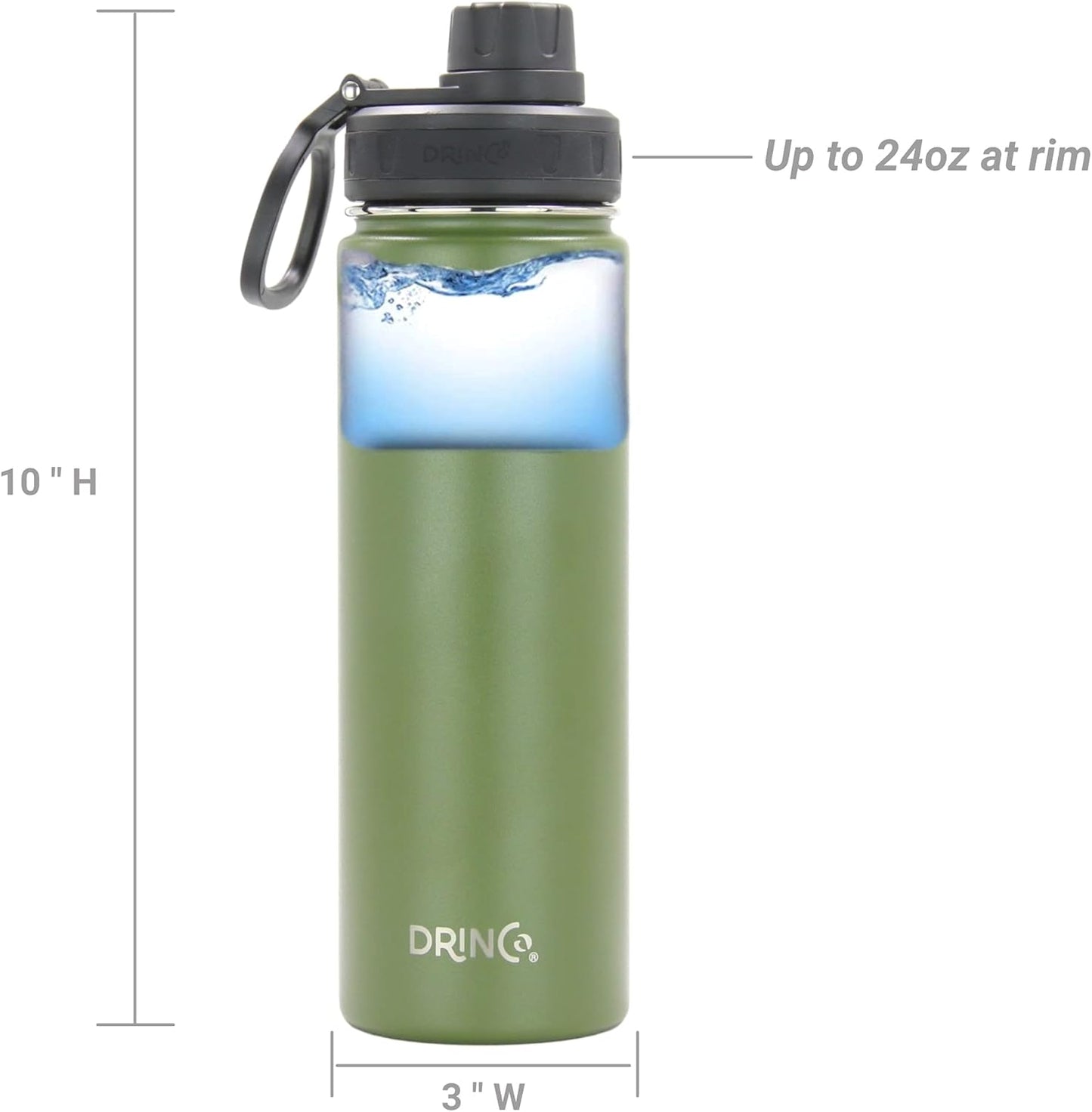 Drinco Stainless Steel Water Bottle Spout Lid Vacuum Insulated Double Wall Water Bottle Wide Mouth (40oz 32oz 22oz 18oz 14oz) Leak Proof Keep Cold Sport Camping Hiking (22 oz, 22oz Black)