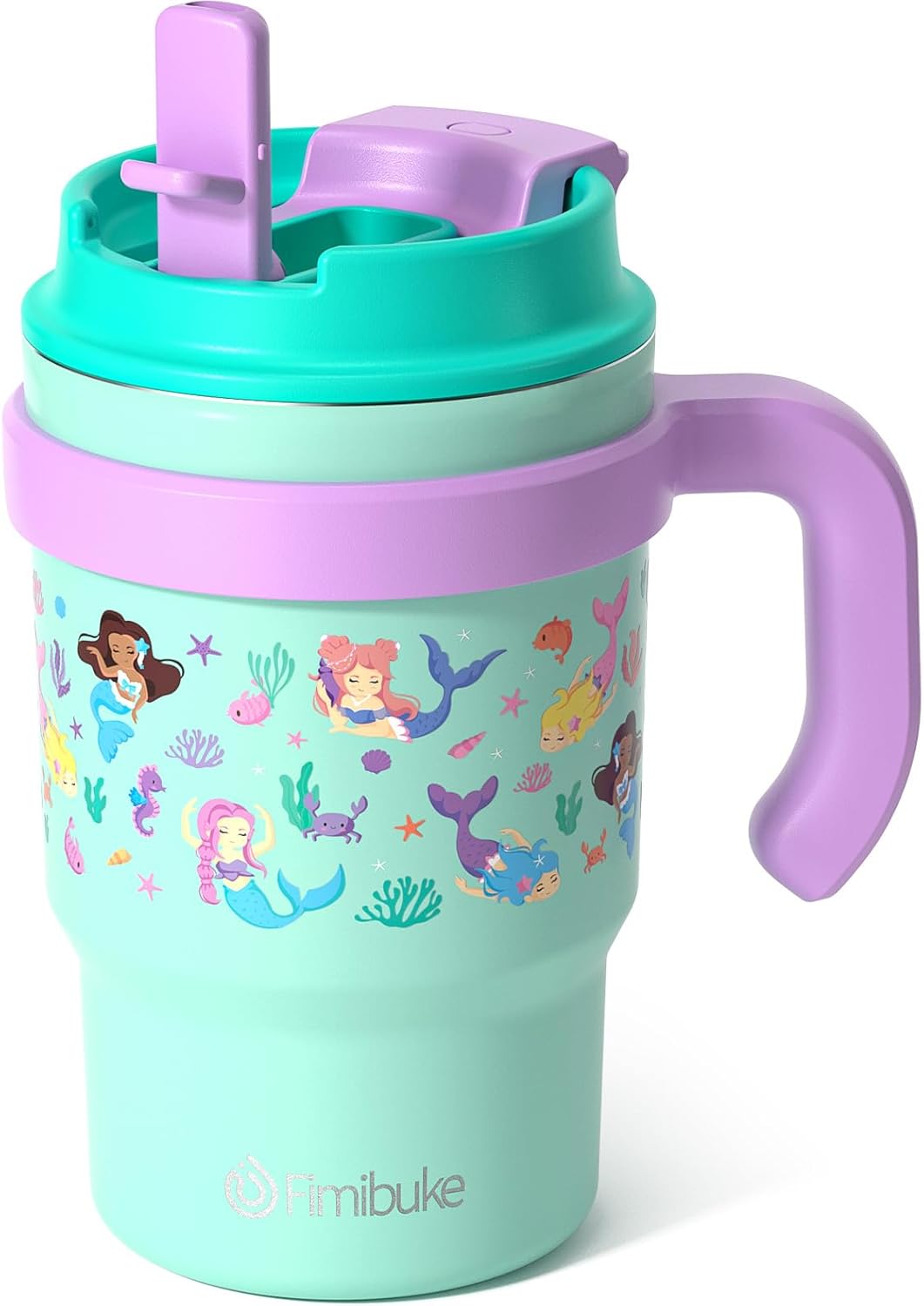 Fimibuke 16oz Kids Insulated Tumbler with Handle & Straws - 2 Pack BPA FREE 18/8 Stainless Steel Toddler Cups with Sip/Swig 2-in-1 Lids, Leak Proof Kid Drinking Cup Travel Mugs for Children Boys Girls