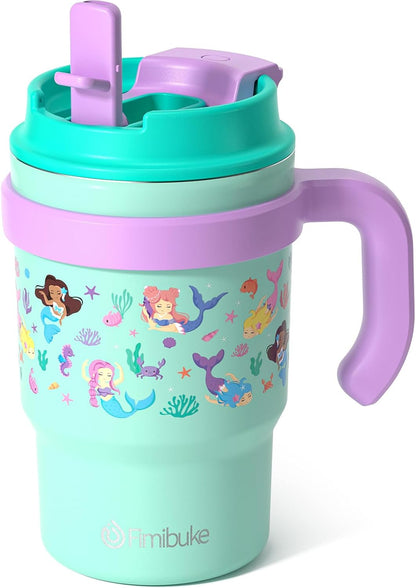 Fimibuke 16oz Kids Insulated Tumbler with Handle & Straws - 2 Pack BPA FREE 18/8 Stainless Steel Toddler Cups with Sip/Swig 2-in-1 Lids, Leak Proof Kid Drinking Cup Travel Mugs for Children Boys Girls