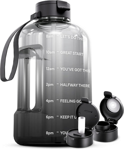 AQUAFIT 64 oz Water Bottle with Time Marker - Straw & Chug Lid - BPA Free Half Gallon Gym Water Bottle with Handle - Big Gallon Jug (Gray, 64 Ounces)