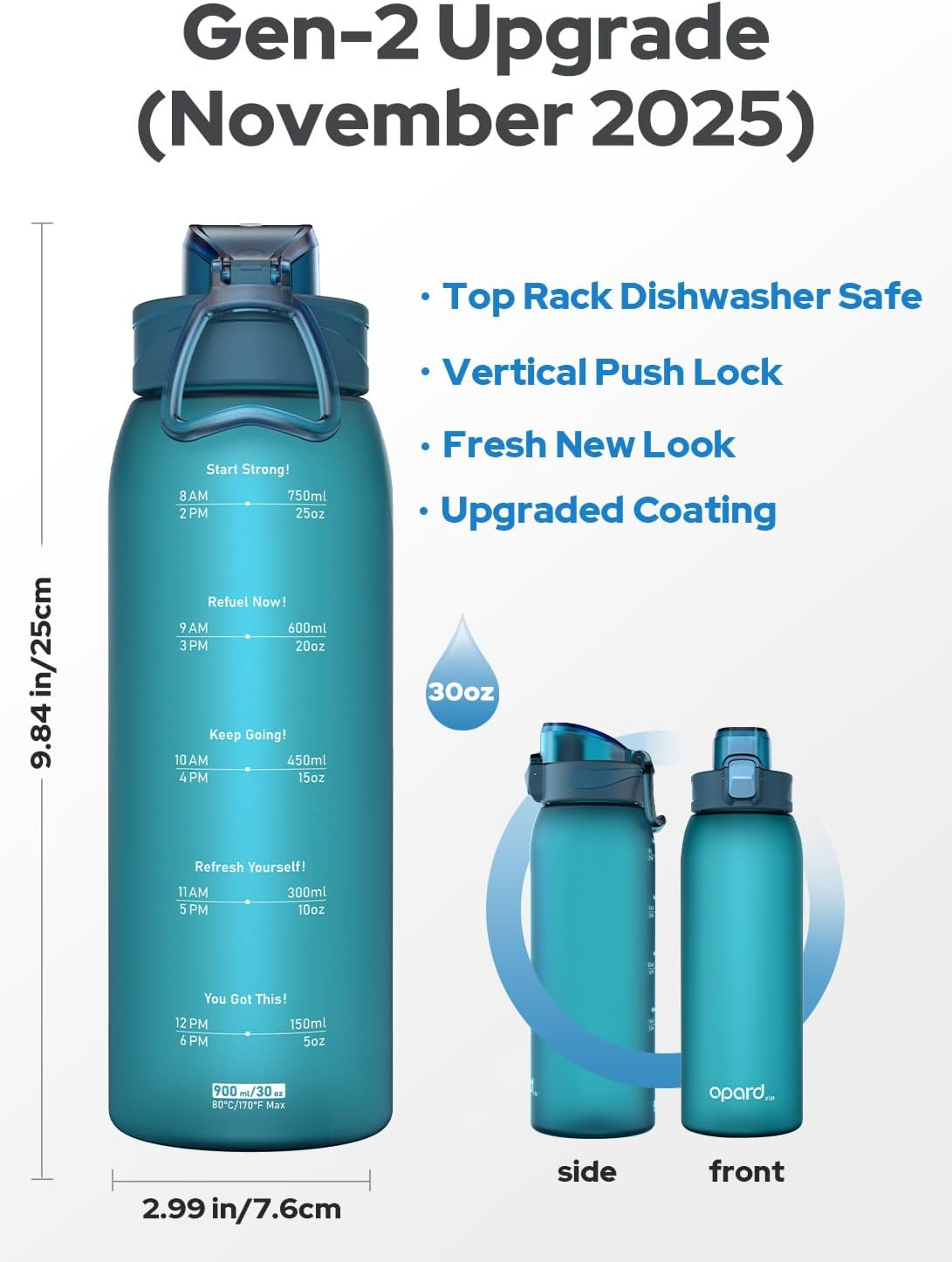 Opard Zip 32oz Plastic Water Bottle Dishwasher Safe, Leakproof Flip-Top Lid, BPA Free Tritan, Wide Mouth Reusable Sports Water Bottle for Gym Hiking Commuting Outdoor Travel and School