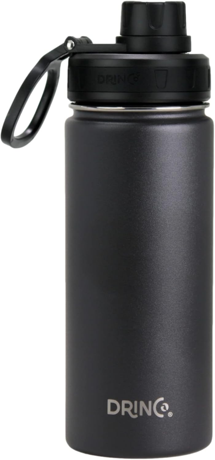 Drinco Stainless Steel Water Bottle Spout Lid Vacuum Insulated Double Wall Water Bottle Wide Mouth (40oz 32oz 22oz 18oz 14oz) Leak Proof Keep Cold Sport Camping Hiking (22 oz, 22oz Black)
