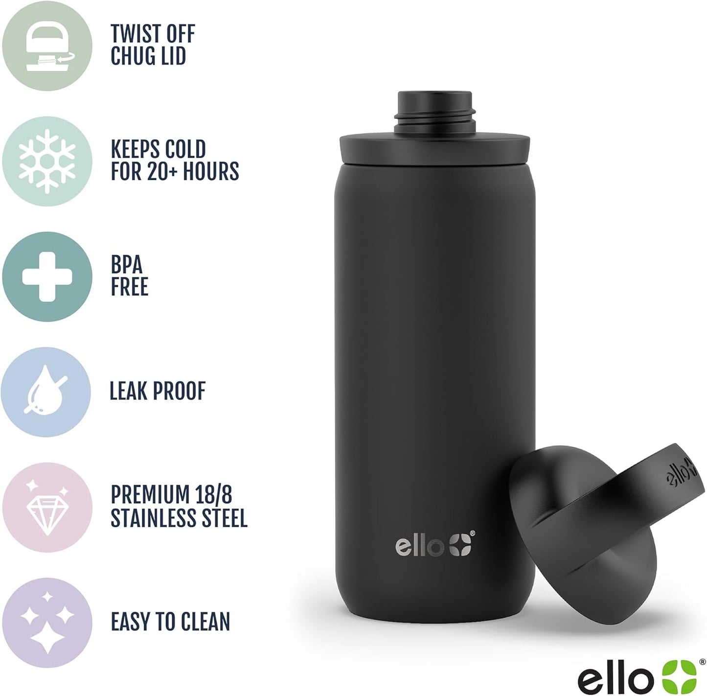 Ello Cooper 22oz Stainless Steel Water Bottle with Straw and Carry Handle, Double Walled and Vacuum Insulated Metal, Leak Proof Locking Lid with Soft Silicone Spout, Reusable, BPA Free, Lilac