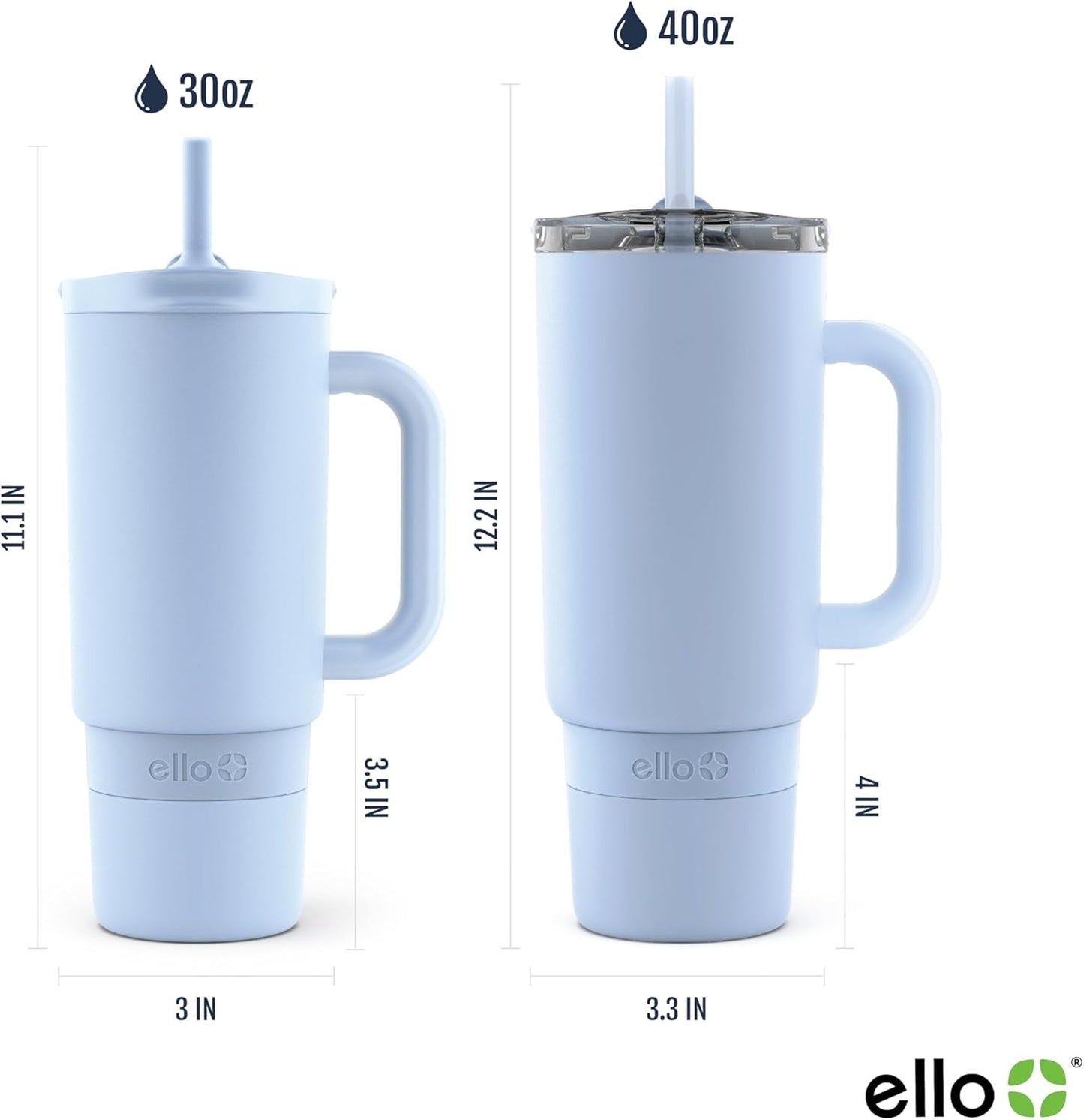 Ello Port 40oz Tumbler with Carry Loop & Integrated Handle, Vacuum Insulated Stainless Steel Reusable Water Bottle, Travel Mug with Leak Proof Lid & Straw, Perfect for Iced Coffee & Tea, White