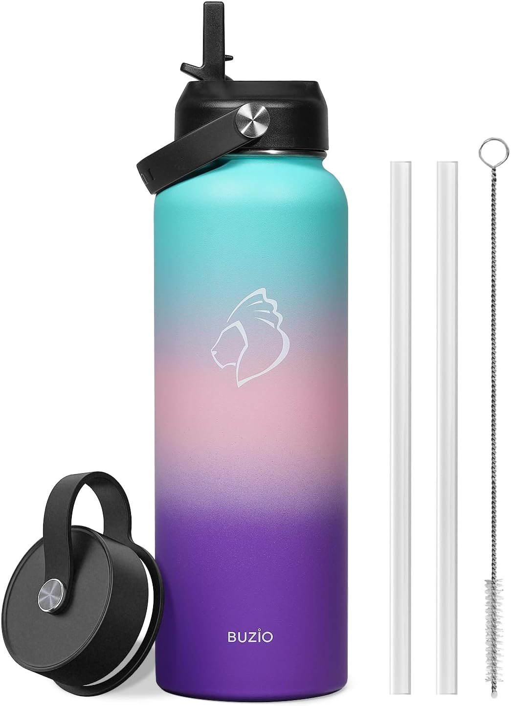 BUZIO 40oz Insulated Water Bottle, Triple Wall Vacuum Stainless Steel Water Flask with 2 lids, Lead-Free BPA-Free Straw Lid Sports Canteen Jug, Cold 48H & Hot 24H- Black - Colors B