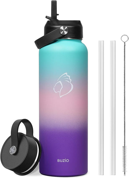 BUZIO 40oz Insulated Water Bottle, Triple Wall Vacuum Stainless Steel Water Flask with 2 lids, Lead-Free BPA-Free Straw Lid Sports Canteen Jug, Cold 48H & Hot 24H- Black - Colors B