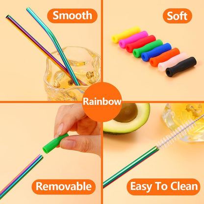 Lazycorner 16 Pcs Metal Straw Reusable 8.5" 10.5" 6mm Stainless Steel Straws for Tumblers 20oz-32oz, Rainbow Drinking Straws with Silicone Tips, 4 Straw Cleaner Brush, 1 Travel Case