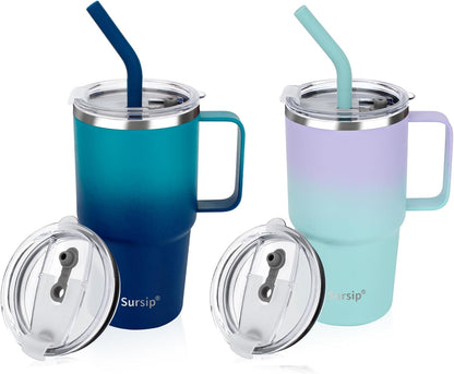 Sursip Insulated Coffee Mug with Handle and Lid, 24 oz Double Wall Vacuum Travel Thermal Coffee Tumbler with Straw for Home, Office Stainless Steel Coffee Cup - Leak proof, BPA Free (Black-1 Pack)