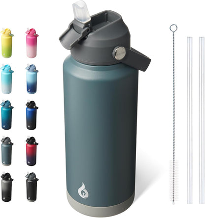 BJPKPK Insulated Water Bottle with Straw Lid, 18oz Thermo Water Bottles with Soft Nozzle, Flex Handle & Non-slip Boot, BPA Free Leak Proof Stainless Steel Metal Thermo, Tumblers, Cups,Sea Salt