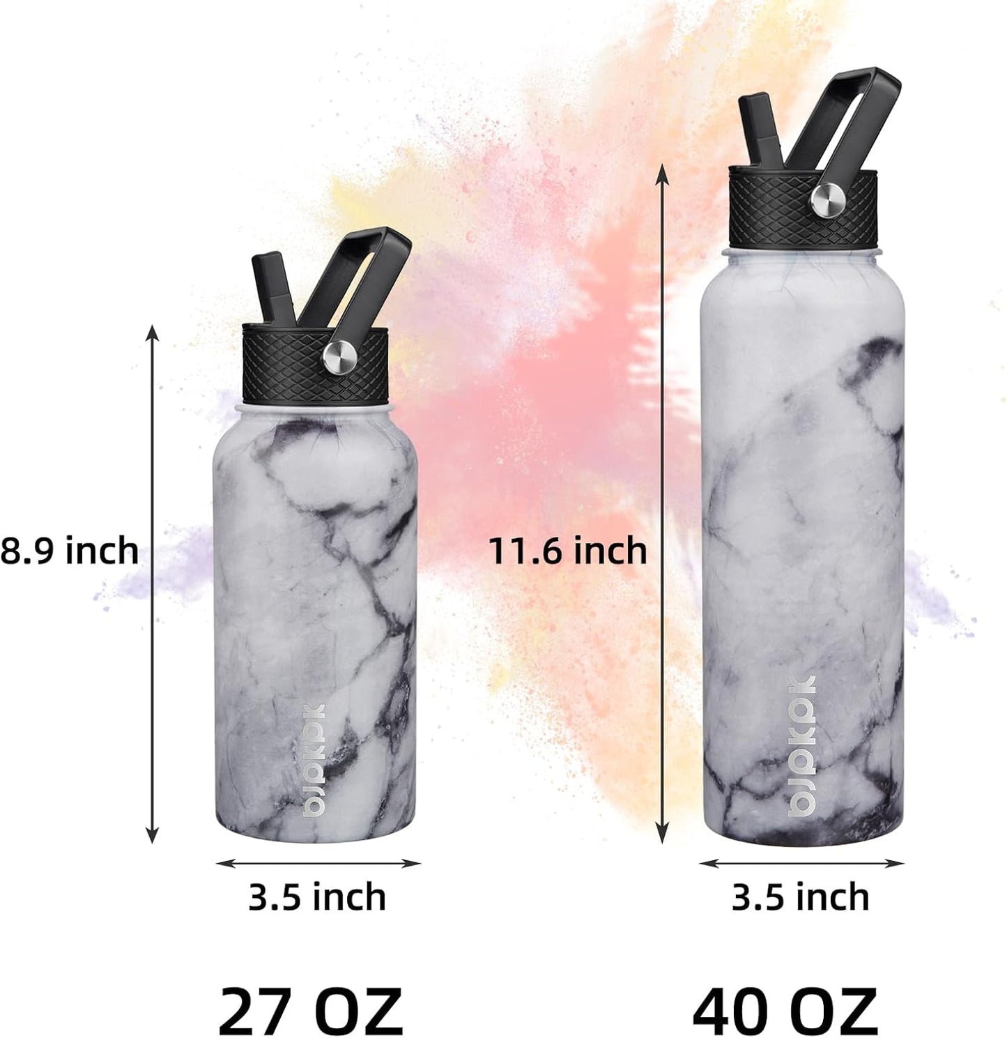 BJPKPK Insulated Water Bottles with Straw Lid, 40oz Stainless Steel Water Bottles with 3 Lids, BPA Free Leakproof Thermo, Tumblers, Cups for Sports, Gym- Midnight - Colors A